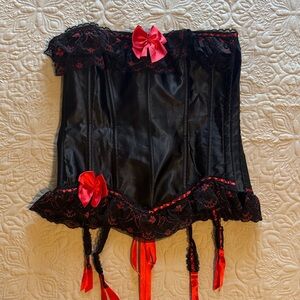 Black Satin Corset with Red Lace Trim and Bows
